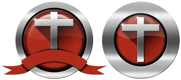 金属クロスとコピースペース 赤い空のリボンと金属宗教シンボルやアイコン 白い背景に隔離されている 3Dイラスト — ストック写真