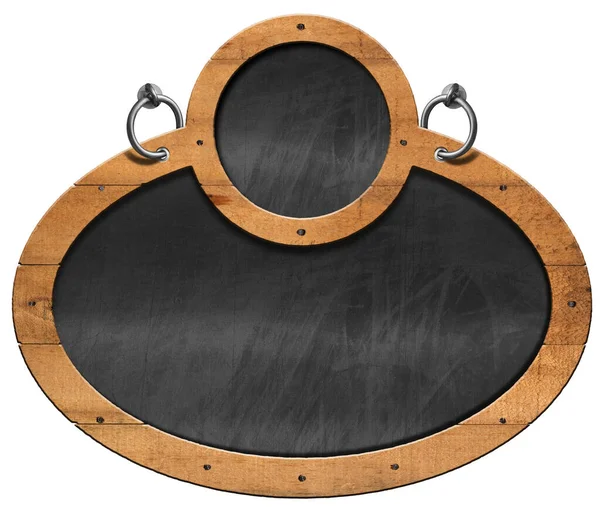 有木制椭圆形和圆形框架 椭圆形 的旧空白黑板和用于悬挂的钢圈 独立于白色背景和复制空间 — 图库照片