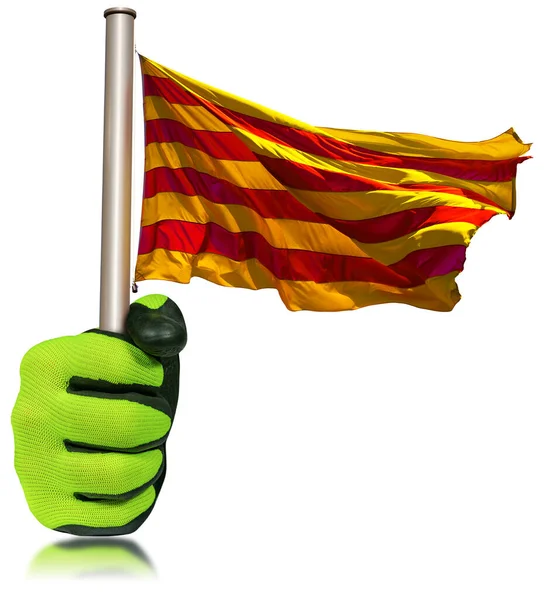 Pracownik Fizyczny Rękawiczkach Ochronnych Flagą Katalońską Senyera Zawieszoną Maszcie Flagowym — Zdjęcie stockowe