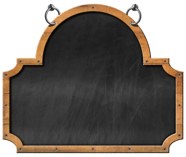 木製の長方形とサークルフレームとハンギング用鋼リングと古い空白の黒板 白い背景とコピースペース テンプレートに分離 — ストック写真