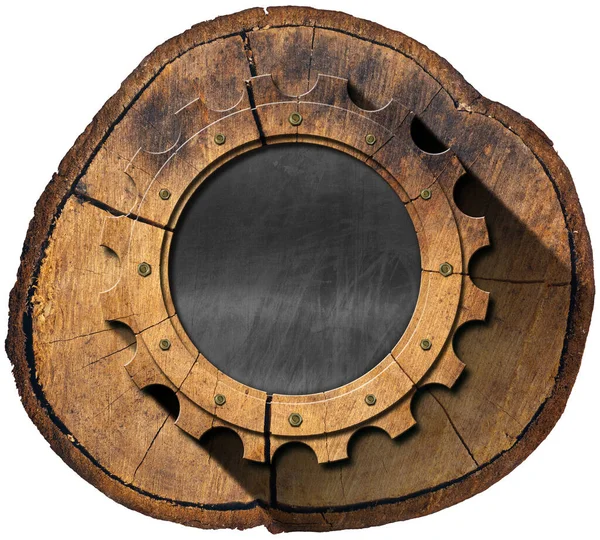 Wooden Cogwheel Gear Blank Blackboard Copy Space Cross Section Tree — Stock Photo, Image