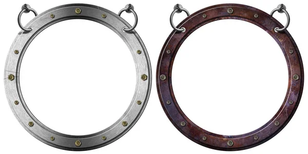 Two Empty Metal Portholes Bolts Hanging Steel Ring Isolated White — Stock Photo, Image
