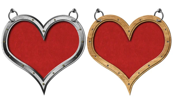 Hearts Metal Wooden Frame Red Velvet Hanging Steel Rings Copy — Stock Photo, Image