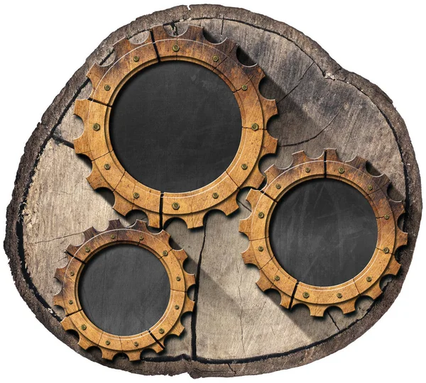 Three Wooden Cogwheels Gears Blank Blackboards Copy Space Cross Section — Stock Photo, Image