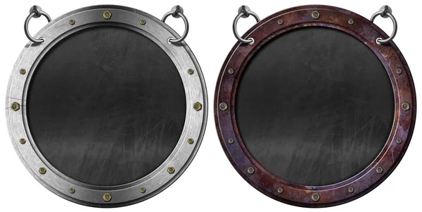 Dois Portholes Metal Com Parafusos Quadro Negro Branco Com Espaço — Fotografia de Stock
