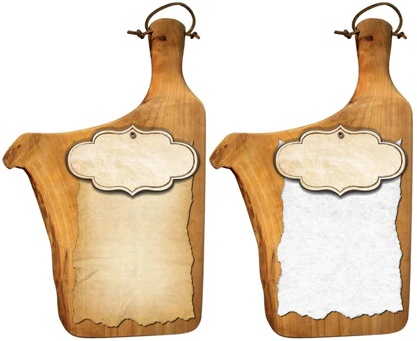 Zwei Alte Holzschneidebretter Mit Leerem Blatt Papier Pergament Und Etikett — Stockfoto