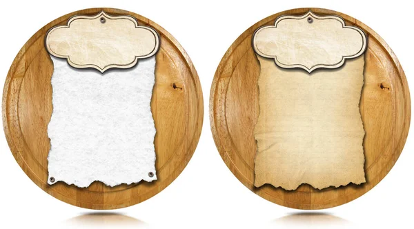 Tableros Circulares Madera Con Hoja Papel Blanco Pergamino Etiqueta Aislados — Foto de Stock