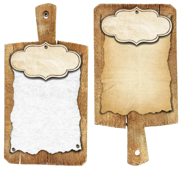 Dvě Staré Dřevěné Řezací Desky Prázdným Listem Papíru Pergamen Štítkem — Stock fotografie