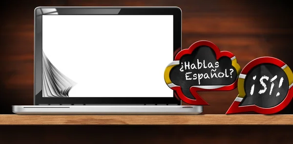 スペイン語のレッスン スペイン語の旗と質問を持つ2つのスピーチバブルの3Dイラスト ハバス エスパノール Siも スペイン語を話しますか Yes 空白の画面を持つ現代のラップトップコンピュータ スペイン — ストック写真