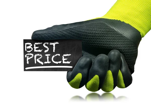 Hand Protective Work Glove Holding Small Blackboard Text Best Price — Stock Photo, Image