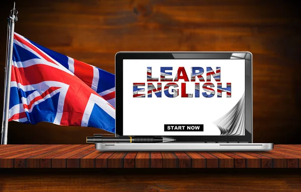 英语课 现代笔记本电脑的文字学习英语在显示器上 在木制桌子上的背景英国国旗 欧盟杰克旗 — 图库照片