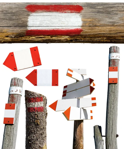 白い背景に隔離された赤と白の方向の歩道標識 歩道標識 のコレクション ヨーロッパのトレイルへの標識 ヨーロッパ — ストック写真