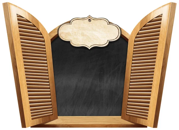 Brown Wooden Window Open Shutters Wooden Sill Empty Blackboard Blank — Stock Photo, Image