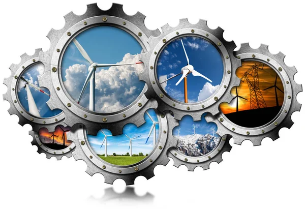 Grupa Metalowych Kół Zębatych Cogwheels Turbinami Wiatrowymi Wewnątrz Izolowane Białym — Zdjęcie stockowe