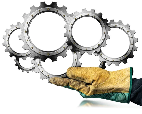 Handschuh Hält Eine Gruppe Von Sieben Metallischen Zahnrädern Zahnrädern Mit — Stockfoto