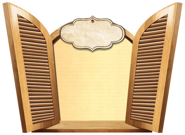 Brown Wooden Window Open Shutters Wooden Sill Blank Sheet Lined — Stock Photo, Image