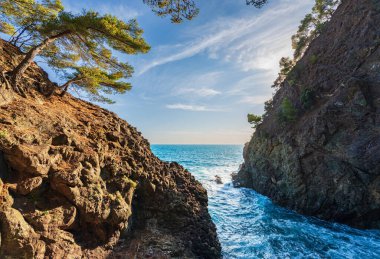 Küçük Framura ve Bonassola köyü, Cinque Terre, La Spezia ili, Liguria, İtalya, güney Avrupa arasında mavi Akdeniz (Ligurian denizi) ile Rocky sahili ve uçurumları. 