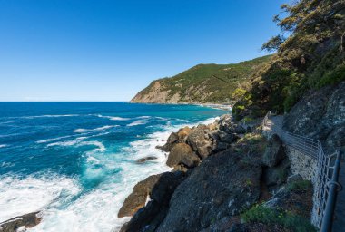 Küçük Framura Köyü (Cinque Terre) yakınlarında kayalık Liguria kıyısında uçurumlar ve Akdeniz (Ligurian denizi) ile gezintiye çıkmak. La Spezia, Liguria, İtalya, Avrupa.