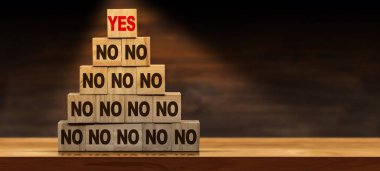 Evet ya da hayır yazılı tahta bloklar yığını. Kopya alanı olan ahşap bir masanın üzerinde.