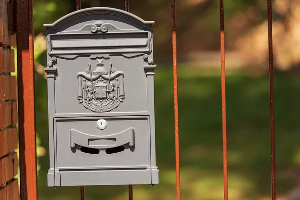 Close Metal Gray Italian Mailbox Hanging Villa Gate Liguria Italy — Stock Photo, Image