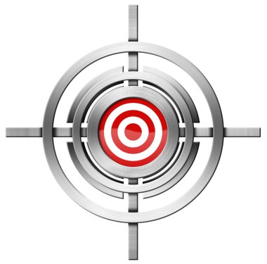 Metal bir kavşağın ortasında beyaz arka planda izole edilmiş kırmızı ve beyaz bir hedef var. 3B illüstrasyon.