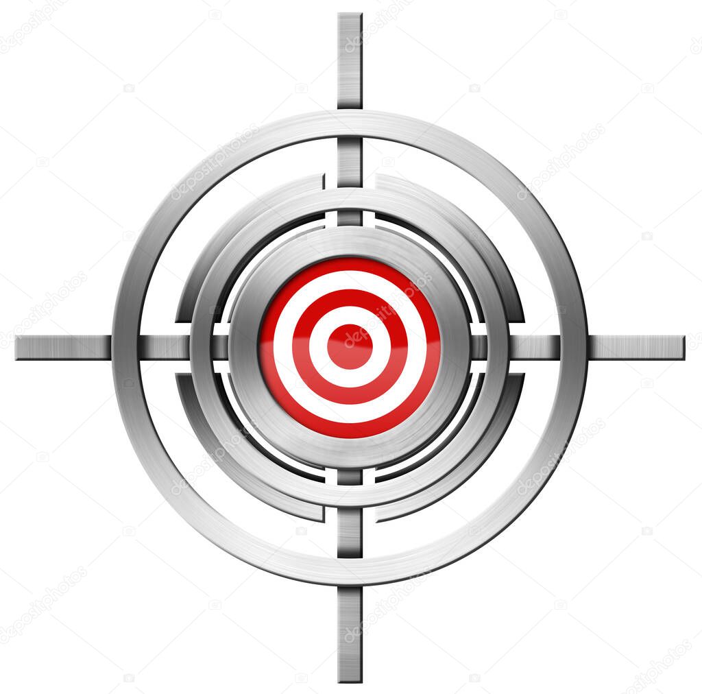 Red and white target in the center of a metal crosshair, isolated on white background. 3D illustration.
