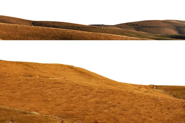 Deux Collines Aux Prairies Brunes Isolées Sur Fond Blanc Sans — Photo