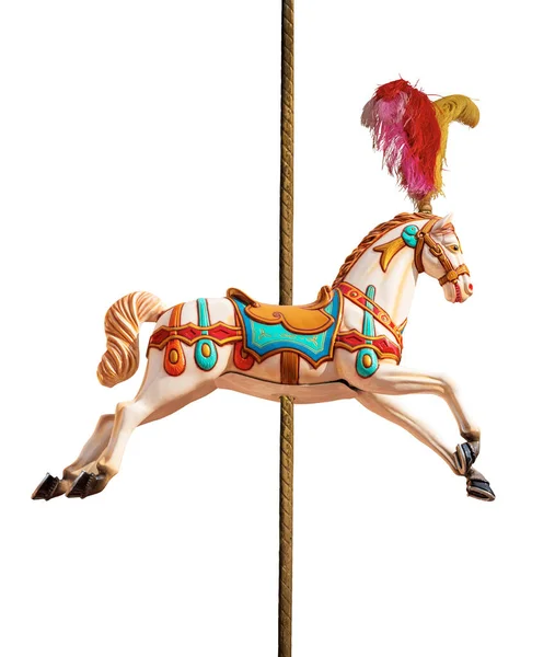 Close Plastic Horse Carousel Horses Merry Supported Pole Feathers Head — Stock Photo, Image