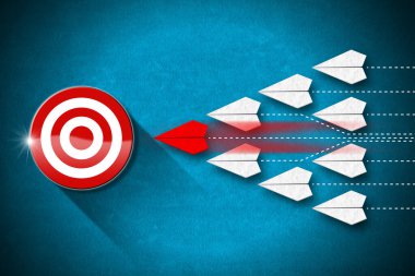 Kırmızı bir uçağın ve bir grup beyaz uçağın üç boyutlu çizimi, mavi arka planda, fotokopi alanı olan bir hedefe doğru uçuyor. Başarı ya da Hedef kavramı.