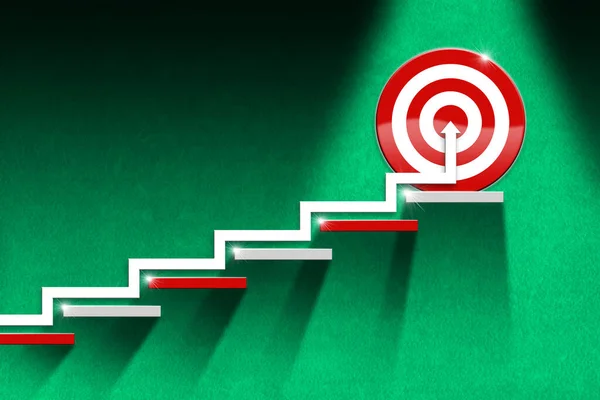 Ladder of success or Goal concept. Symbol of an arrow going up some steps to a red and white target on a green wall with copy space.