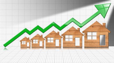 Beş ahşap evi ve yükselen yeşil oku olan büyüme grafiği, 3 boyutlu illüstrasyon. Pozitif emlak piyasası grafiği.