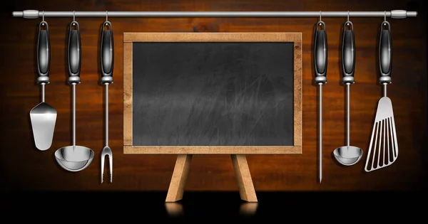 Empty blackboard with wooden frame and easel, set of kitchen utensils made of stainless steel and black plastic on a wooden wall. 3D illustration.