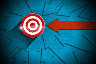 Birçok mavi ok ve sadece bir kırmızı ok kırmızı ve beyaz hedefe gidiyor. Başarı ya da Amaç kavramı. 3B illüstrasyon.