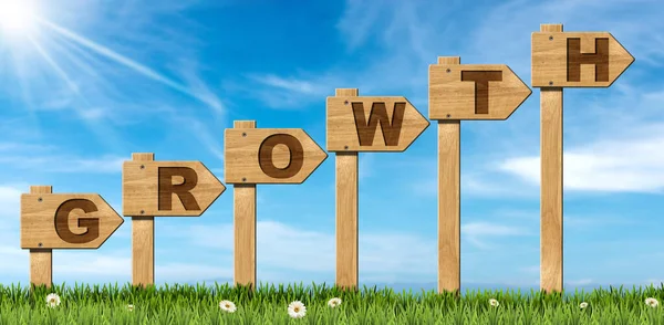 Yazılı altı ahşap yönlü işaret grubu kırsal bir alanda büyüyor, yeşil çimenler ve papatya çiçekleri bulutlu ve güneş ışınlı mavi bir gökyüzüne karşı.