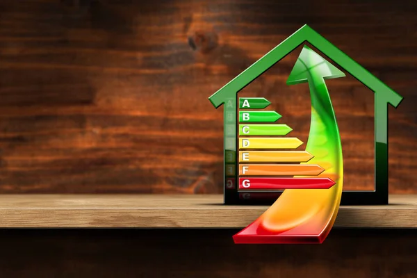 House energy efficiency rating. 3D illustration of a symbol in the shape of house with energy efficiency rating and an arrow with energy saving moving up. On a wooden table with copy space.