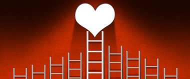 Bir grup basamaklı merdivenin üç boyutlu çizimi, hepsi gri ve bir beyaz, kırmızı duvarda beyaz kalp ve kopyalama alanı ile. Aşk konsepti..