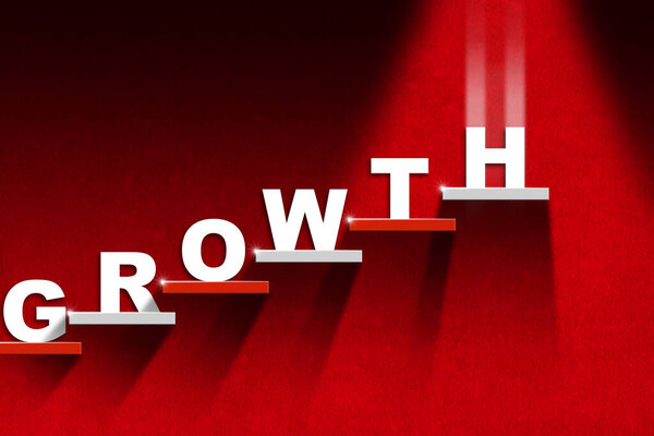 Лестница с белыми и красными шагами на красном фоне и ростом текста, пространство для копирования, 3d иллюстрация.