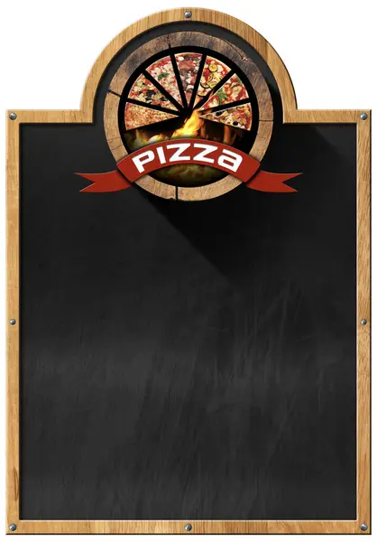 Template for a Pizza Menu. Wooden frame and wooden symbol with slices of pizza, flames and red ribbon with text pizza, empty blackboard, isolated on white background and copy space.