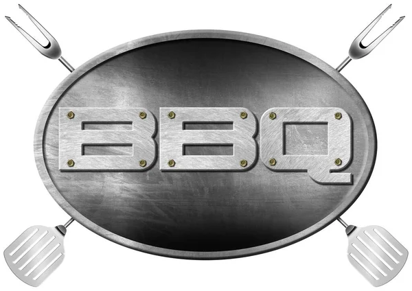 Barbecue Metallico Segno Con Testo Bbq Forma Ellittica Con Due Foto Stock Royalty Free