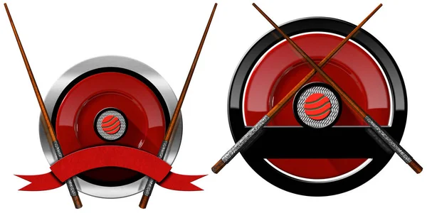 Deux Symboles Sushi Avec Plaque Rouge Baguettes Bois Argent Rouleau Photo De Stock