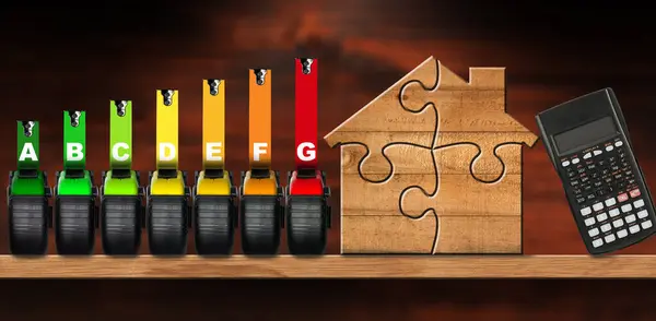 House Energy Efficiency Rating. Symbol with seven tape measures in the shape of a bar graph, wooden model house made of puzzle pieces and a calculator. On a wooden shelf with copy space.