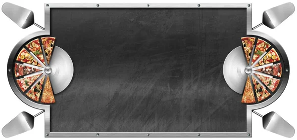 Template for a Pizza Menu. Empty blackboard with metallic frame, slices of pizza and four spatulas, isolated on white background with copy space.