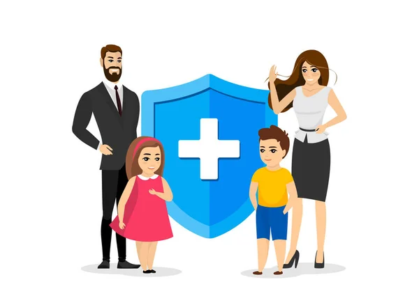 Koncept Rodinného Života Zdravotního Pojištění Rodiče Děti Poblíž Ochranného Štítu — Stockový vektor