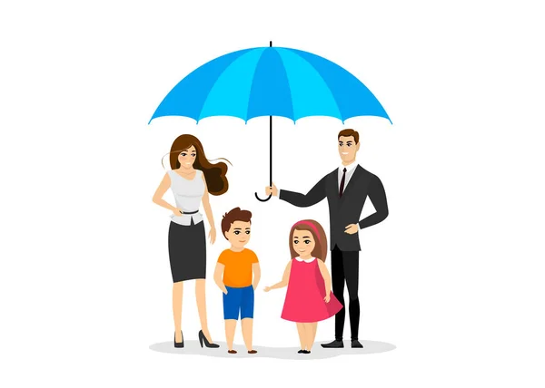 Velká Šťastná Rodina Pod Modrým Ochranným Deštníkem Pojetí Symbolu Životního — Stockový vektor