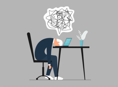 İş yerinde profesyonel yorgunluk ve kafada kaos. Ofis işyerindeki yorgun ve çok çalışan adam yöneticisi dizüstü bilgisayarda yüzüstü yatıyor. Hüsrana uğramış işçi zihinsel sağlık sorunları. İllüstrasyon istiyor