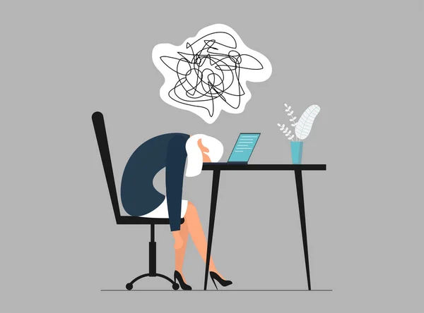 仕事や混乱の頭の中でプロの燃え尽き オフィスの職場で疲れて過労の女性マネージャーはノートパソコンに顔を下にしています 欲求不満労働者の精神衛生上の問題 ベクトルEpsイラスト — ストックベクタ