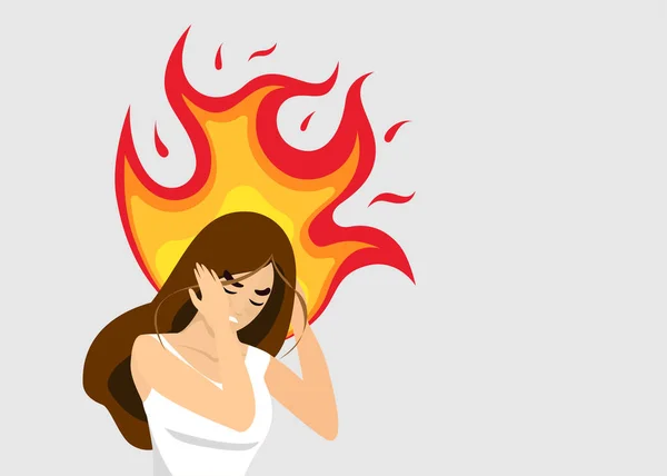 Angry Woman Head Fire Stressed Furious Businesswoman Burning Brain Exhausted — Stock Vector