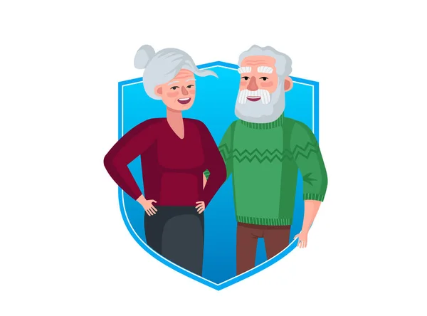 Pasangan Senior Perisai Perlindungan Biru Konsep Simbol Asuransi Kesehatan Dan - Stok Vektor