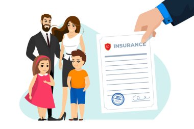 Aile hayatı ve sağlık sigortası. Ebeveynler ve çocuklar sağlık sigortası garanti belgesi. Genç bir çift ve çocukların sağlık desteği. İnsanlar sağlıklı ve güvenli vektör çizimi