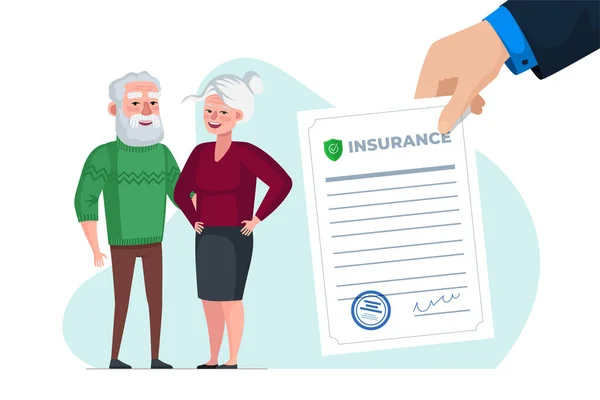 高齢者の生活と健康保険政策 シニアカップル医療保護カバーは 文書を保証します 祖父母の医療支援 高齢者の健康と健康的な老化ベクトルEpsイラスト — ストックベクタ